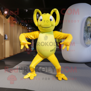 Lemon Yellow Crab mascot costume character dressed with a Yoga Pants and Necklaces