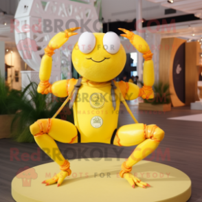 Lemon Yellow Crab mascot costume character dressed with a Yoga Pants and Necklaces