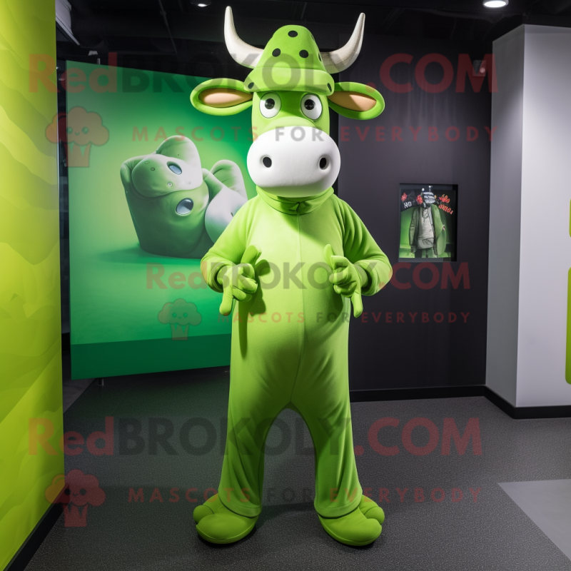 Lime Green Zebu mascot costume character dressed with a Jeggings and Caps