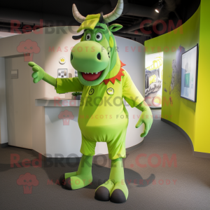 Lime Green Zebu mascot costume character dressed with a Jeggings and Caps