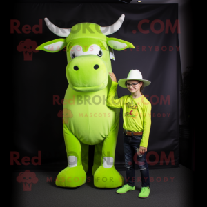 Lime Green Zebu mascot costume character dressed with a Jeggings and Caps