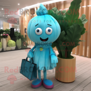Cyan Beet mascot costume character dressed with a Pencil Skirt and Handbags