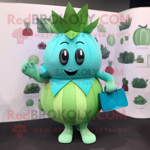 Cyan Beet mascot costume character dressed with a Pencil Skirt and Handbags