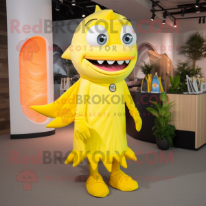 Lemon Yellow Barracuda mascot costume character dressed with a Dress and Shoe clips
