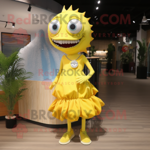 Lemon Yellow Barracuda mascot costume character dressed with a Dress and Shoe clips