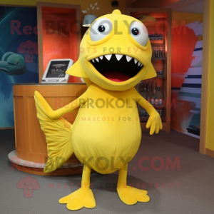 Lemon Yellow Barracuda mascot costume character dressed with a Dress and Shoe clips