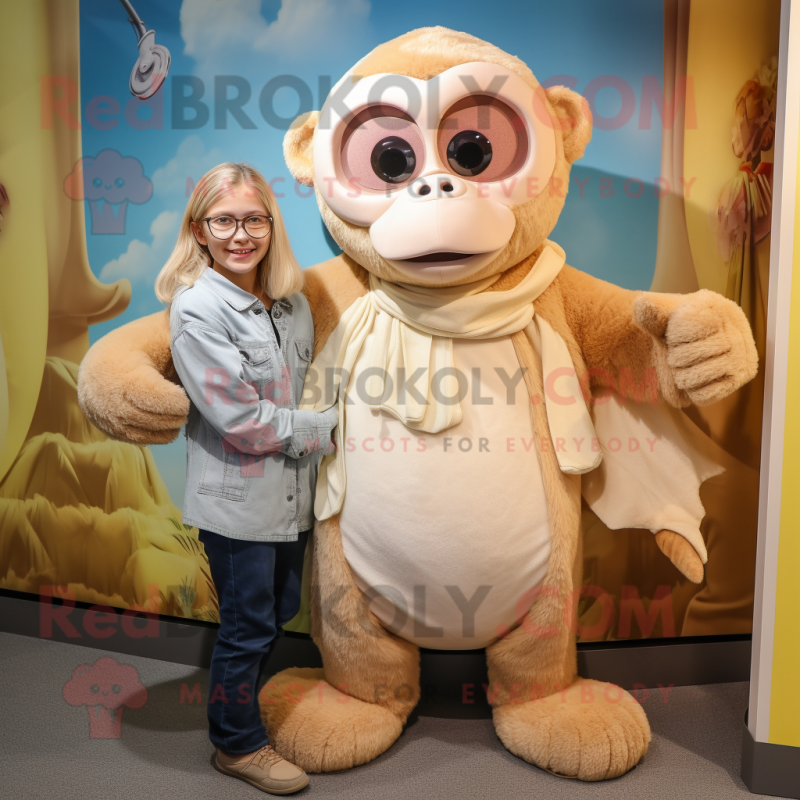 Beige Monkey mascot costume character dressed with a Mom Jeans and Shawls Beige Monkey mascot costume character dressed with a Mom Jeans and Shawls