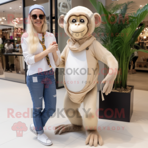 Beige Monkey mascot costume character dressed with a Mom Jeans and Shawls