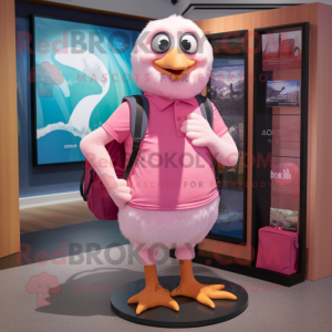 Pink Gull mascot costume character dressed with a T-Shirt and Backpacks