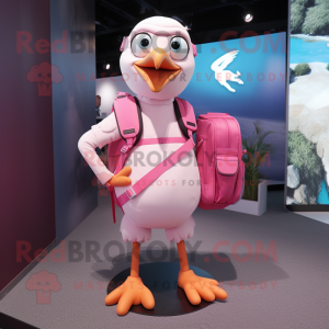 Pink Gull mascot costume character dressed with a T-Shirt and Backpacks