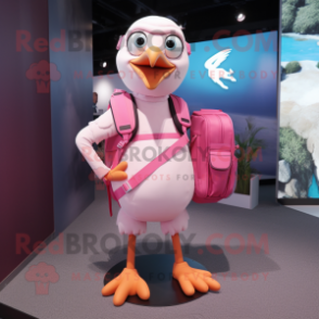 Pink Gull mascot costume character dressed with a T-Shirt and Backpacks