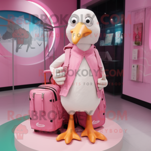 Pink Gull mascot costume character dressed with a T-Shirt and Backpacks