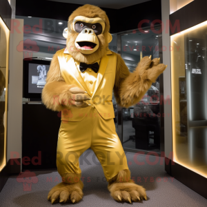 Gold Gorilla mascot costume character dressed with a Romper and Bow ties