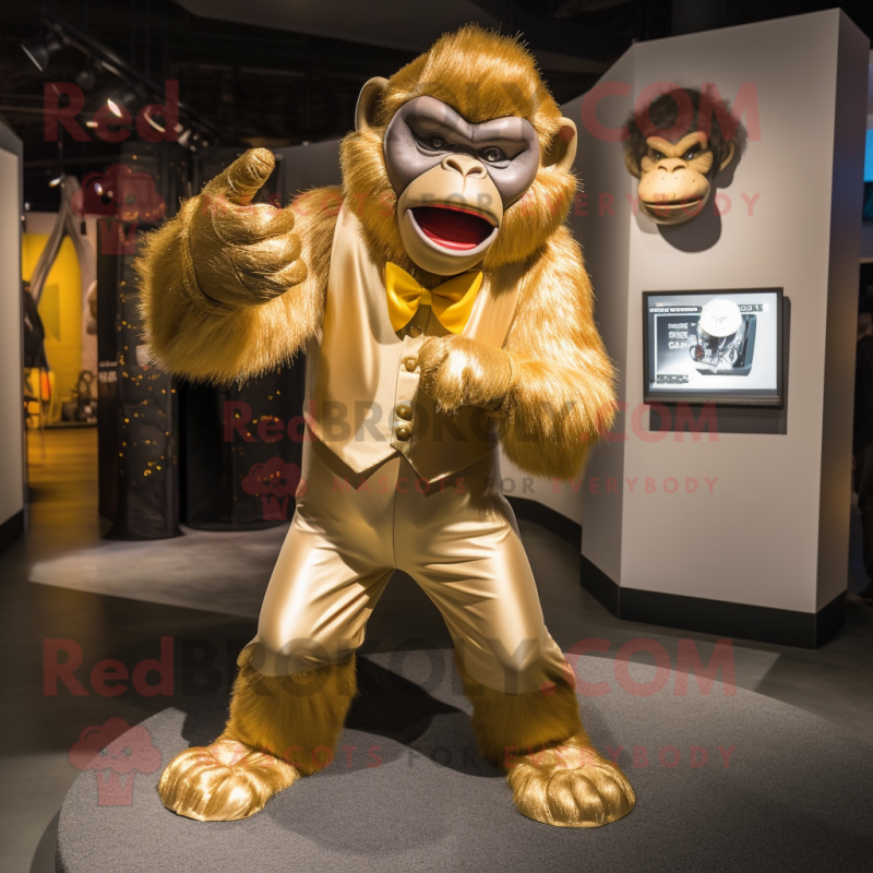 Gold Gorilla mascot costume character dressed with a Romper and Bow ties Gold Gorilla mascot costume character dressed with a Romper and Bow ties