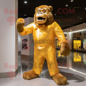 Gold Gorilla mascot costume character dressed with a Romper and Bow ties