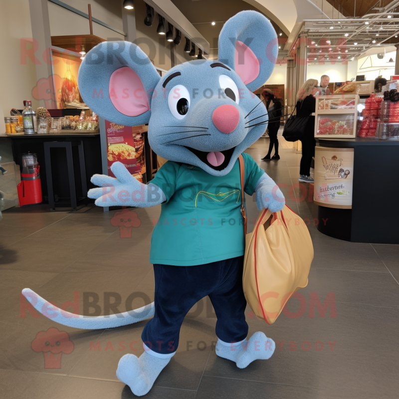 Cyan Ratatouille mascot costume character dressed with a Jeans and Tote bags Cyan Ratatouille mascot costume character dressed with a Jeans and Tote bags