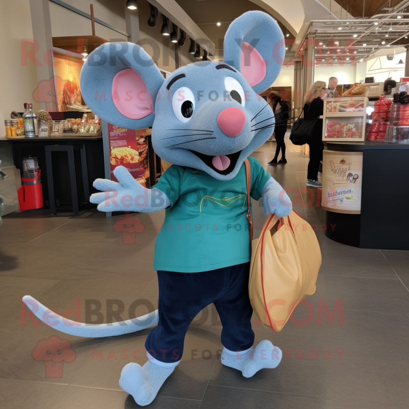 Cyan Ratatouille mascot costume character dressed with a Jeans and Tote bags