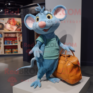 Cyan Ratatouille mascot costume character dressed with a Jeans and Tote bags