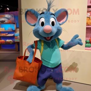 Cyan Ratatouille mascot costume character dressed with a Jeans and Tote bags