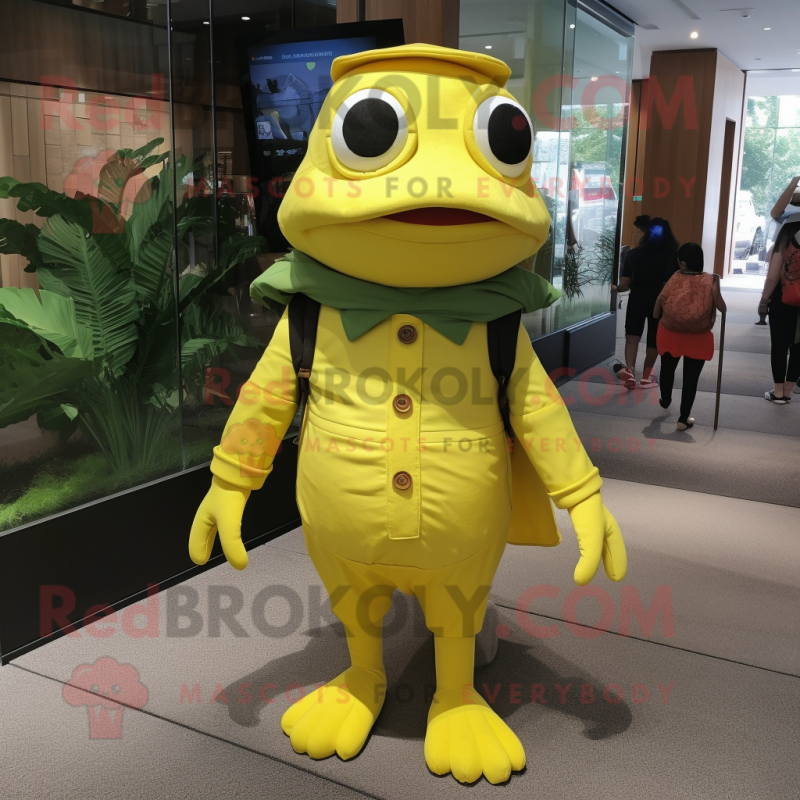 Lemon Yellow Frog mascot costume character dressed with a Romper and Hats