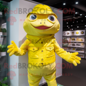 Lemon Yellow Frog mascot costume character dressed with a Romper and Hats