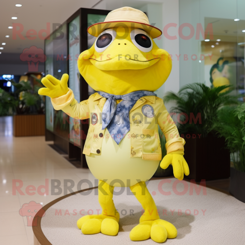 Lemon Yellow Frog mascot costume character dressed with a Romper and Hats