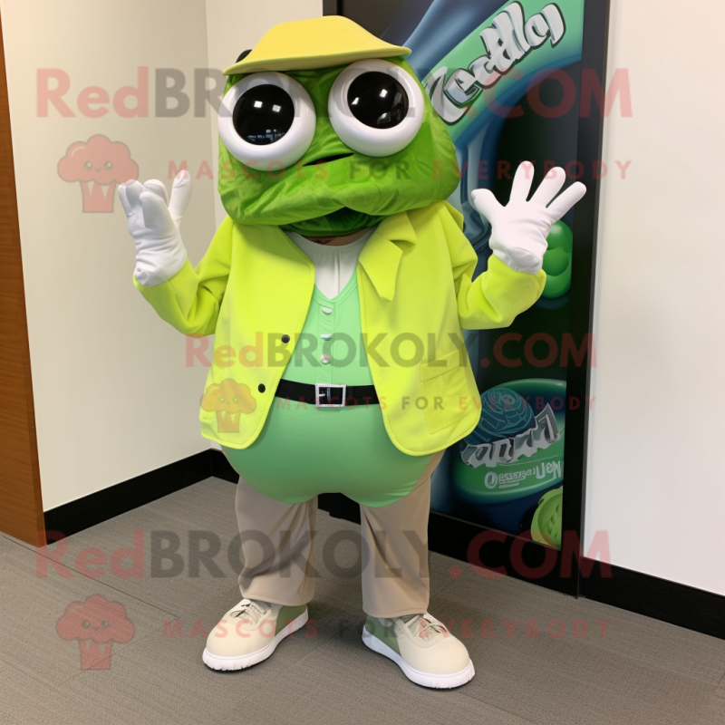 Lime Green Oyster mascot costume character dressed with a Dress Pants and Shoe clips