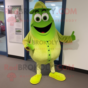 Lime Green Oyster mascot costume character dressed with a Dress Pants and Shoe clips