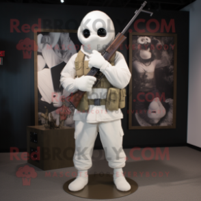 White Sniper mascot costume character dressed with a Corduroy Pants and Shoe laces