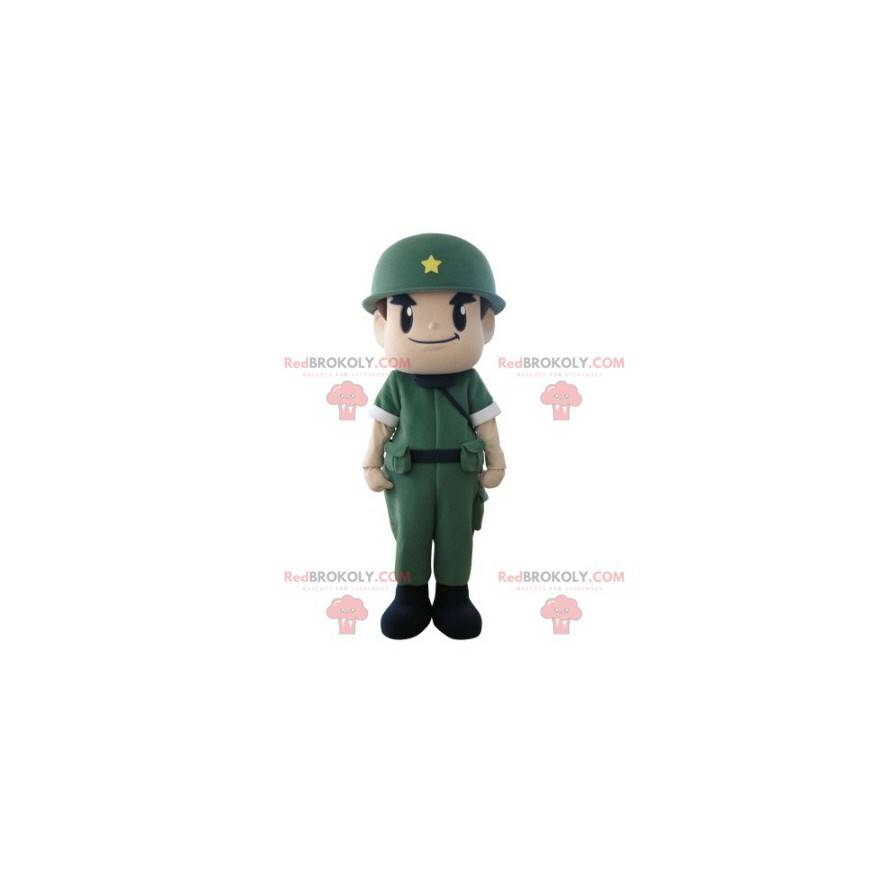 Mascota de soldado militar con uniforme y casco. -