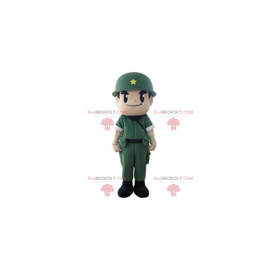 Mascote do soldado militar com uniforme e capacete -