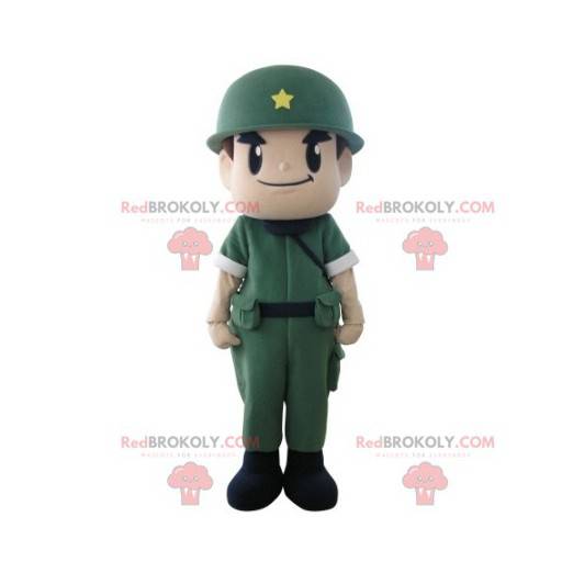 Militaire soldaatmascotte met een uniform en een helm -