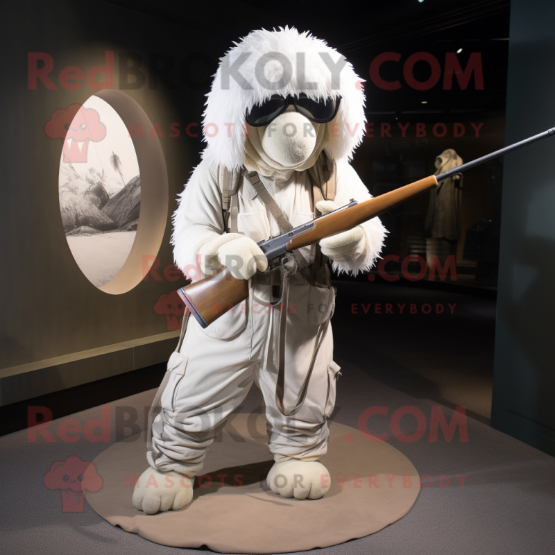 White Sniper mascot costume character dressed with a Corduroy Pants and Shoe laces White Sniper mascot costume character dressed with a Corduroy Pants and Shoe laces