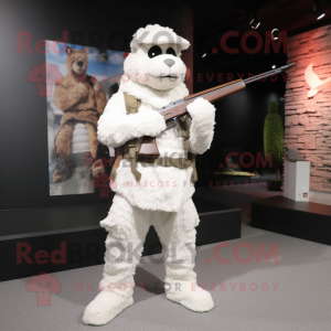 White Sniper mascot costume character dressed with a Corduroy Pants and Shoe laces