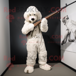 White Sniper mascot costume character dressed with a Corduroy Pants and Shoe laces