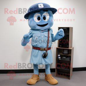 Blue Camera mascot costume character dressed with a Cargo Shorts and Hat pins