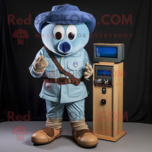 Blue Camera mascot costume character dressed with a Cargo Shorts and Hat pins