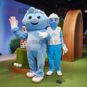 Sky Blue Golf Ball mascot costume character dressed with a Boyfriend Jeans and Mittens