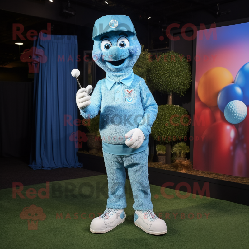 Sky Blue Golf Ball mascot costume character dressed with a Boyfriend Jeans and Mittens