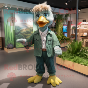 Forest Green Gosling mascot costume character dressed with a Button-Up Shirt and Hairpins