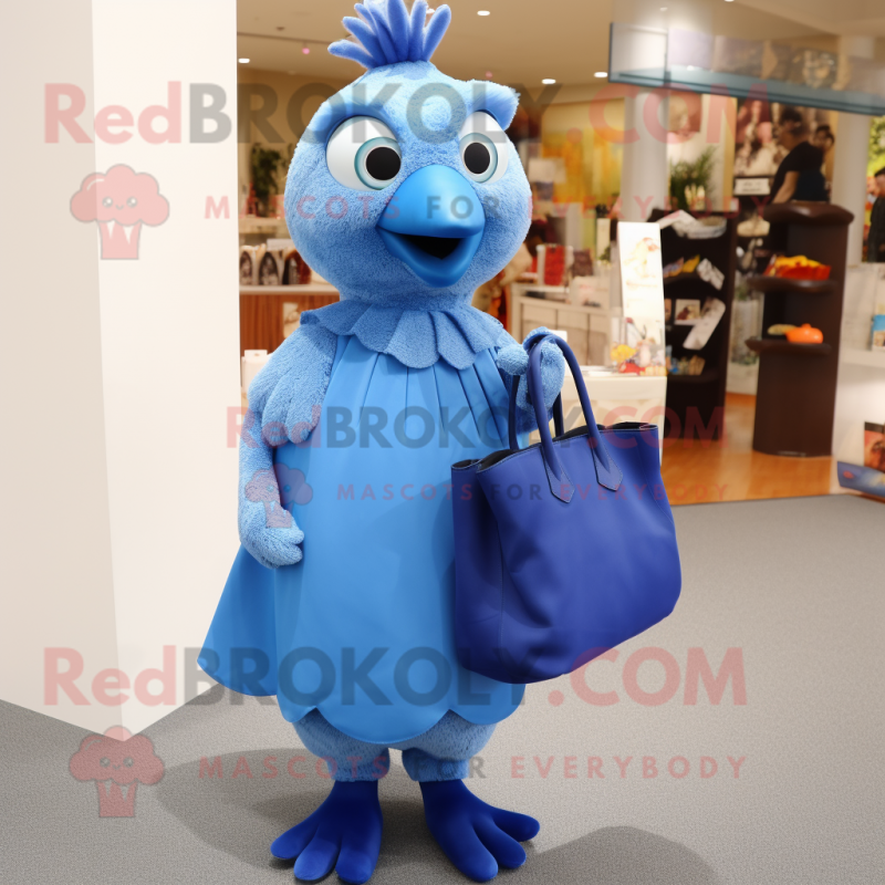 Blue Quail mascot costume character dressed with a Shift Dress and Handbags