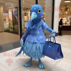 Blue Quail mascot costume character dressed with a Shift Dress and Handbags