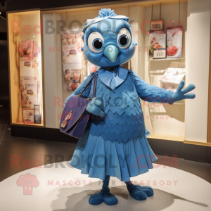 Blue Quail mascot costume character dressed with a Shift Dress and Handbags