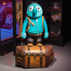 Turquoise Treasure Chest mascot costume character dressed with a Leather Jacket and Messenger bags