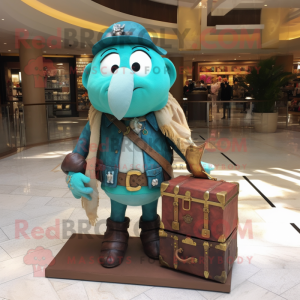 Turquoise Treasure Chest mascot costume character dressed with a Leather Jacket and Messenger bags