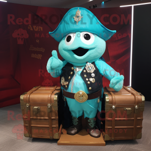 Turquoise Treasure Chest mascot costume character dressed with a Leather Jacket and Messenger bags
