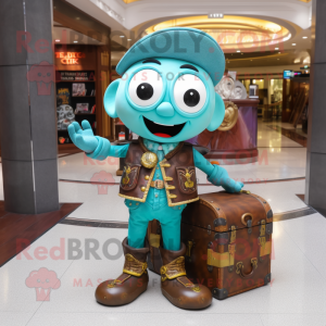 Turquoise Treasure Chest mascot costume character dressed with a Leather Jacket and Messenger bags