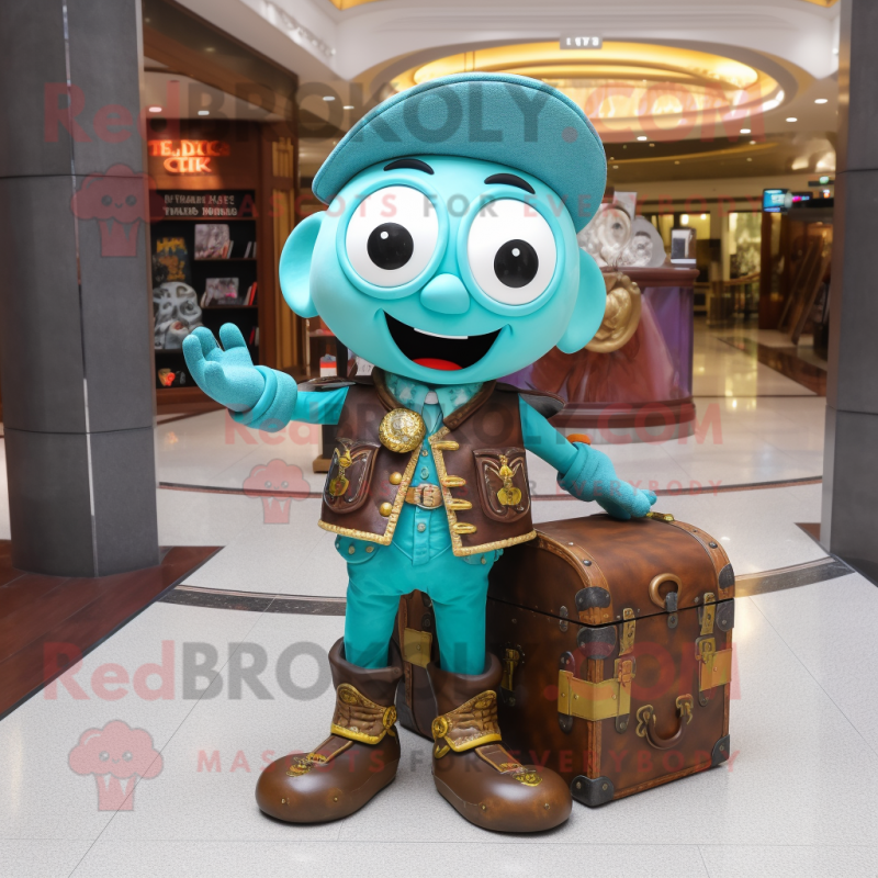 Turquoise Treasure Chest mascot costume character dressed with a Leather Jacket and Messenger bags Turquoise Treasure Chest mascot costume character dressed with a Leather Jacket and Messenger bags
