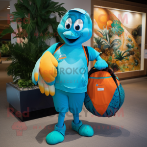 Teal Mango mascot costume character dressed with a Rash Guard and Handbags