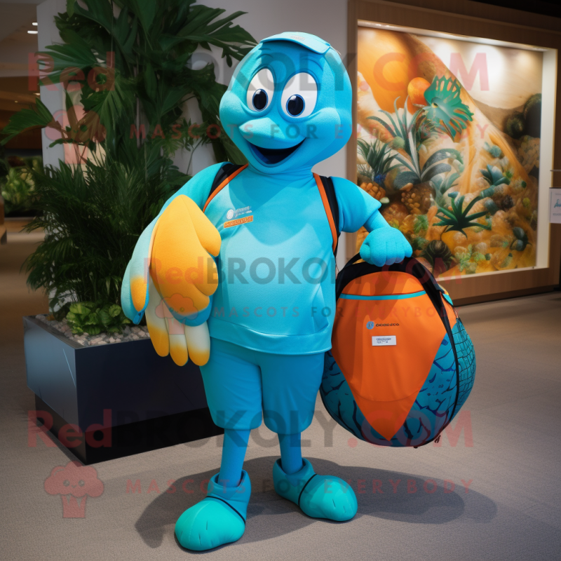 Teal Mango mascot costume character dressed with a Rash Guard and Handbags Teal Mango mascot costume character dressed with a Rash Guard and Handbags